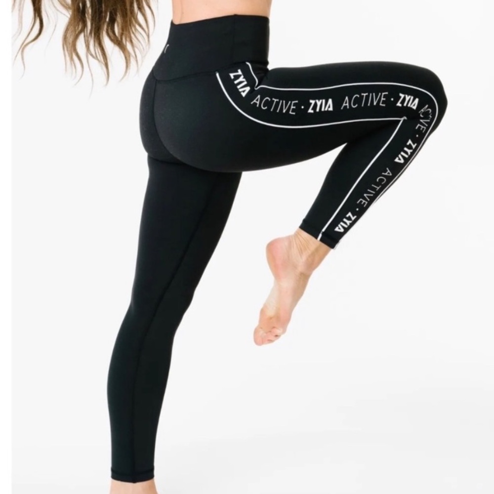 Zyia Leggings Black Logo Stripe Light n Tight 7/8 Hi-Rise Leggings Women’s 12